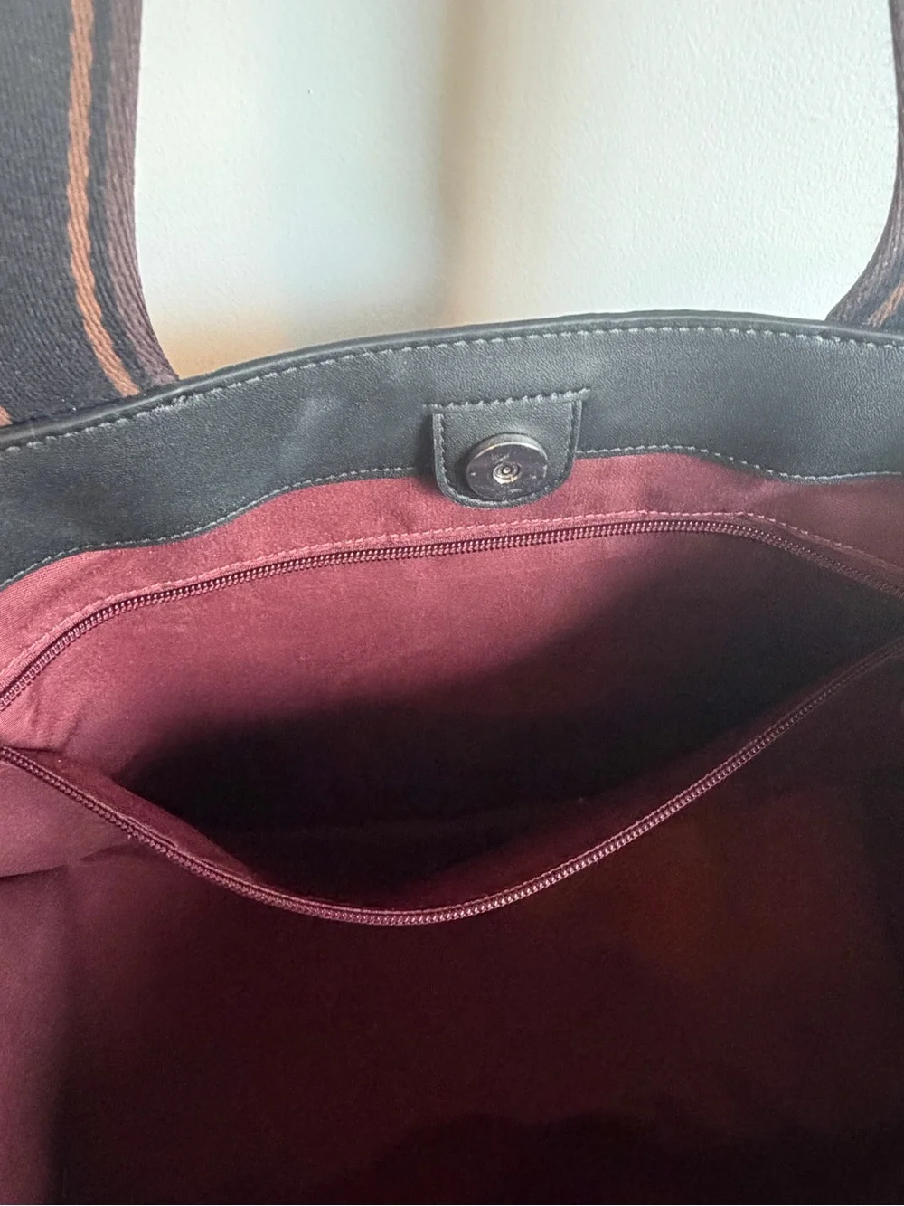 Coach Black Pebbled Leather Messenger Tote with Burgundy Branded Straps
